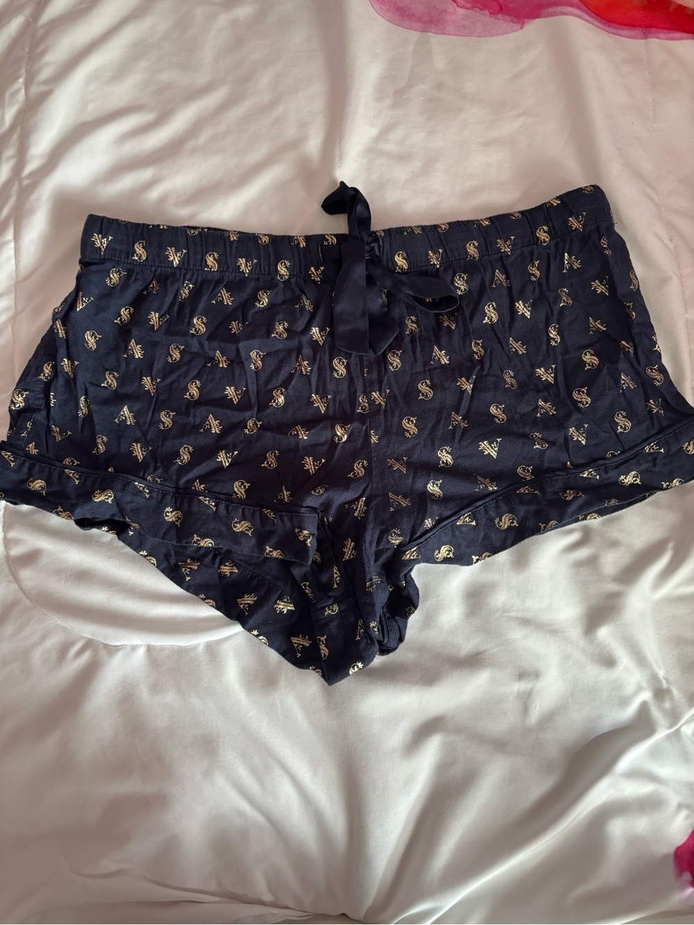 Victoria's Secret Large Navy Gold Monogram Cotton Pajama Sleep Shorts Tie Waist - Picture 1 of 13